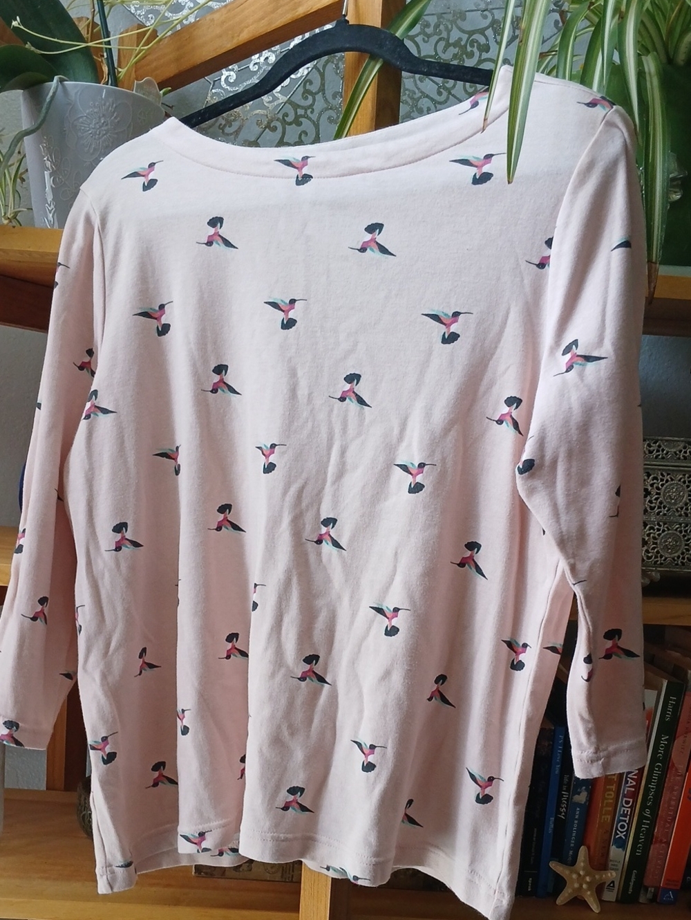 croft & barrow Light Pink Long Sleeve Top with Small Multicolor Bird Print